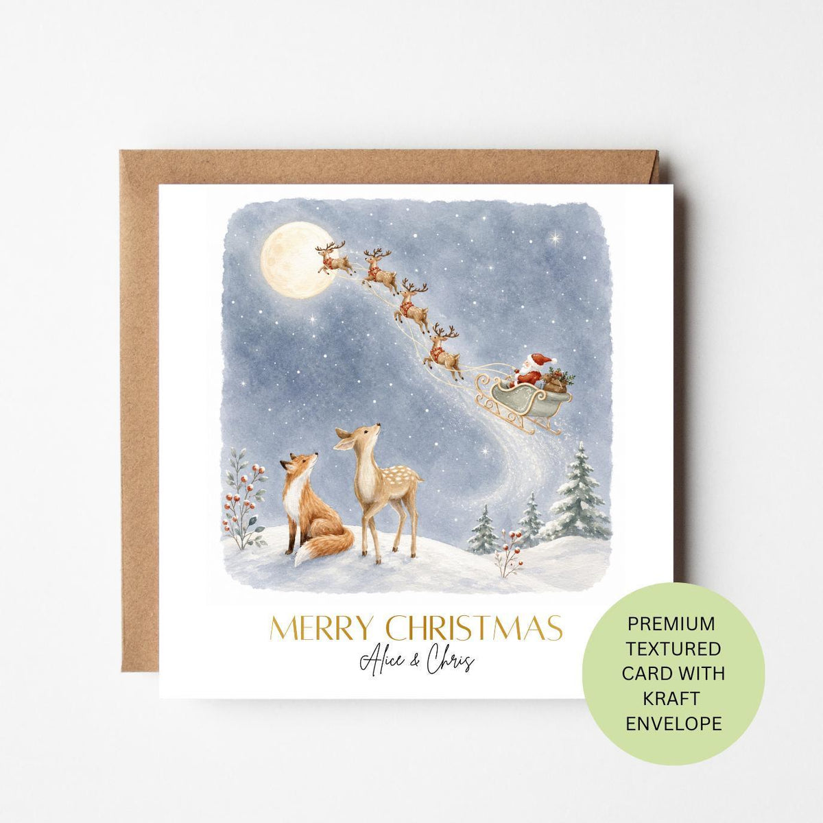 Personalised Santa Sleigh Christmas Card, Reindeer Night Sky Watercolour Card