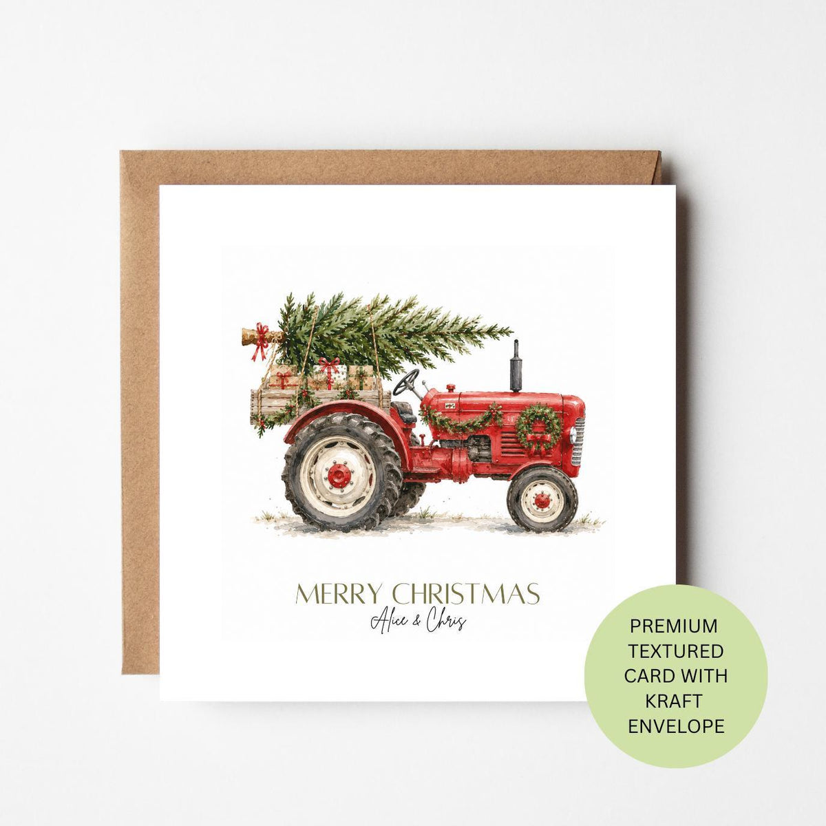 Personalised Vintage Tractor Christmas Card, Watercolour Farm Scene, Textured Card