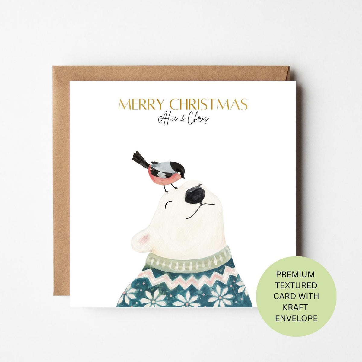 Personalised Watercolour Polar Bear Christmas Card, Bullfinch Wildlife Greeting (Textured Card)