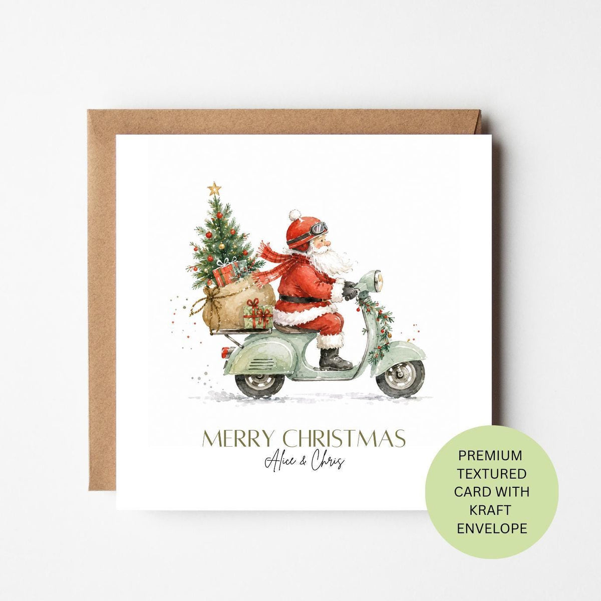 Personalised Santa Scooter Christmas Card, Vintage Vespa Watercolour Art, Textured Stationery
