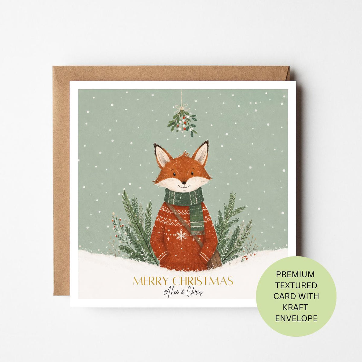 Personalised Fox Christmas Card, Festive Jumper Woodland Watercolour Card