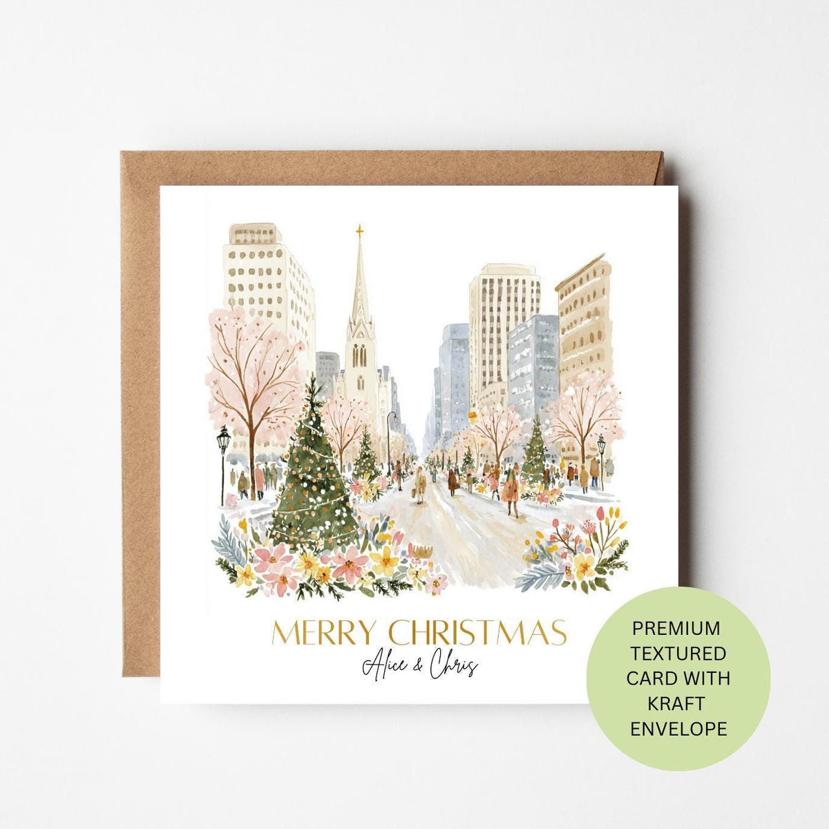 Personalised City Christmas Card, Elegant Winter Avenue Watercolour Card