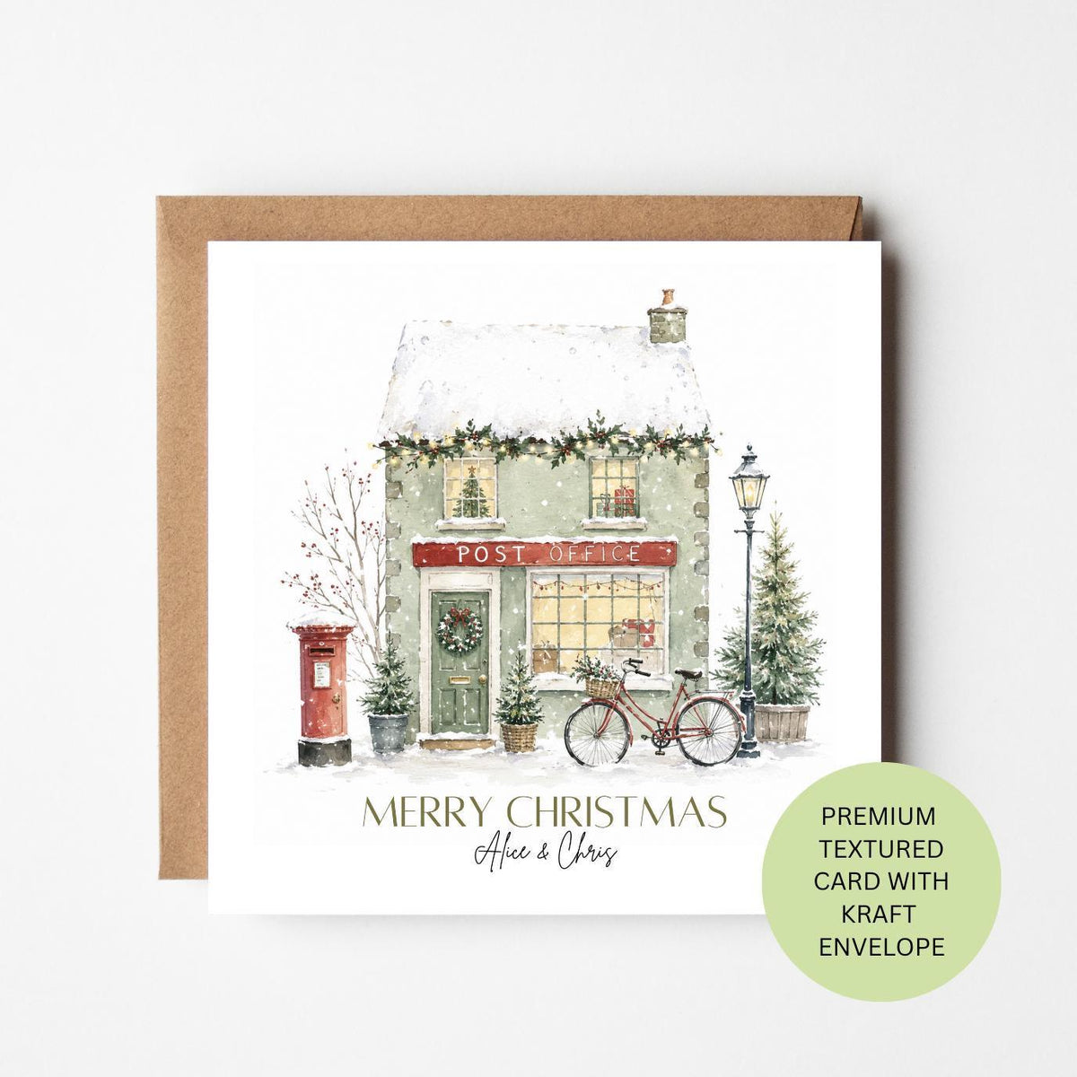 Personalised Snowy Village Post Office Christmas Card, Watercolour Scene, Textured Kraft Envelope
