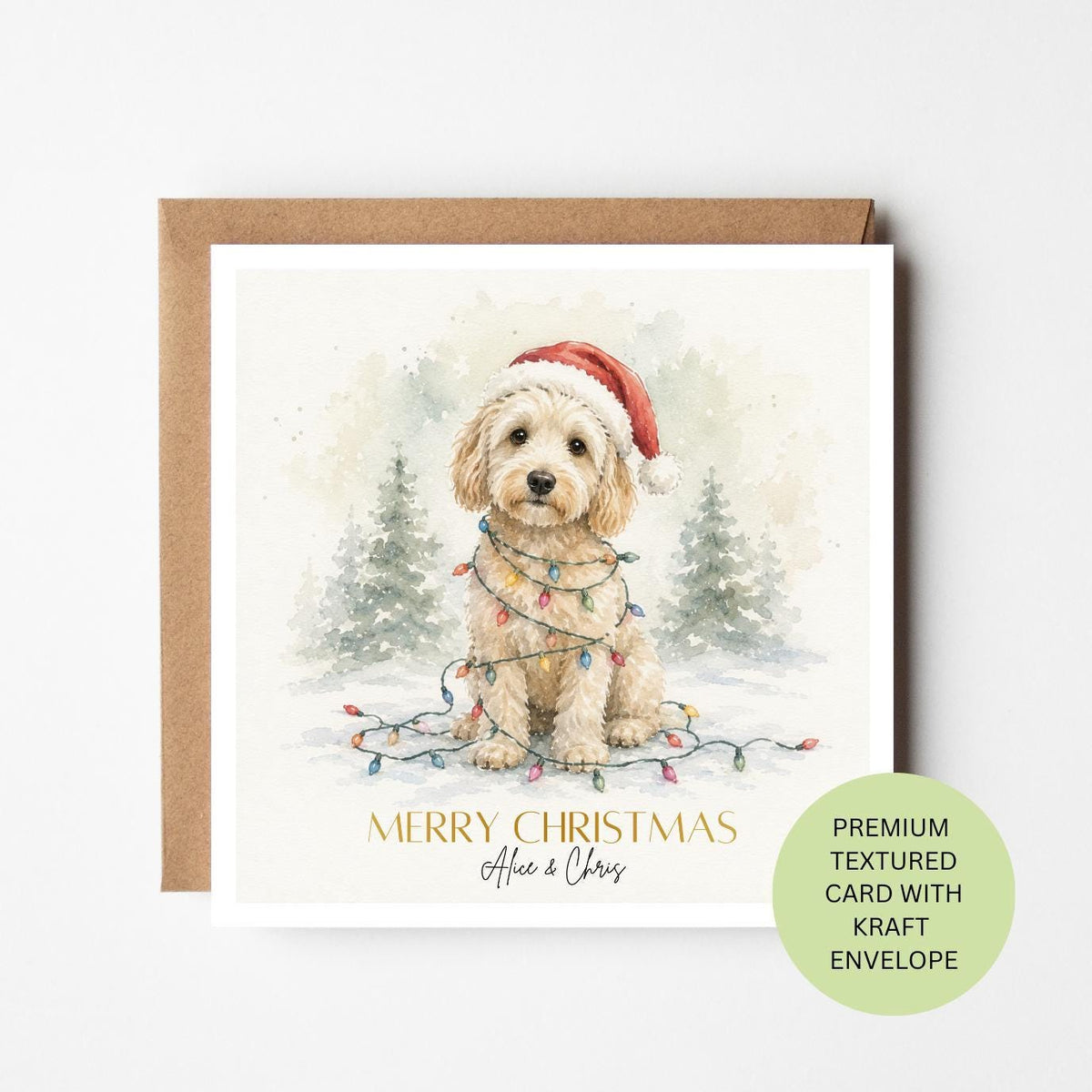 Personalised Cockapoo Christmas Card, Watercolour Dog Fairy Lights, Textured Dog Lover Greeting