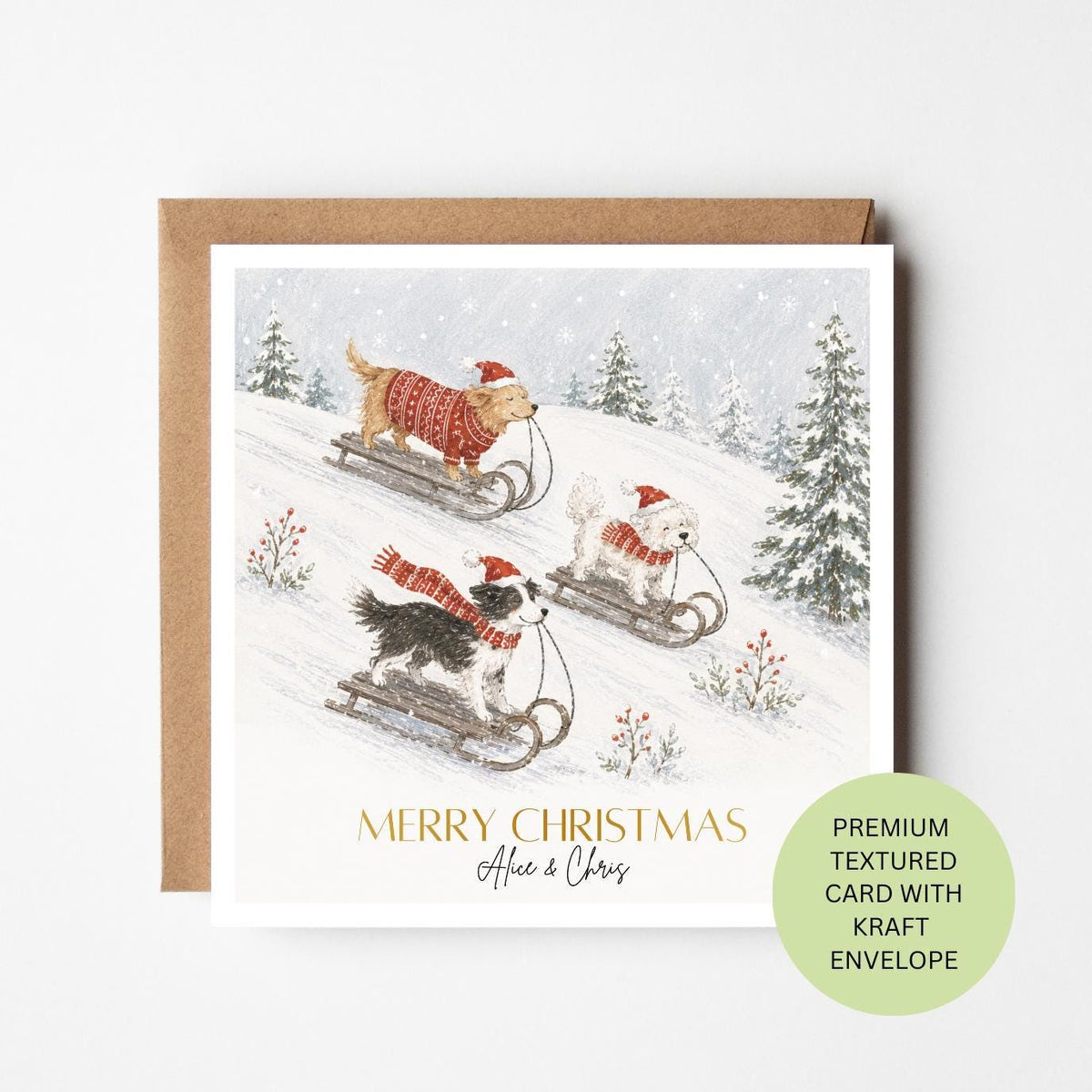 Personalised Dog Sledging Christmas Card, Three Festive Dogs Watercolour Card