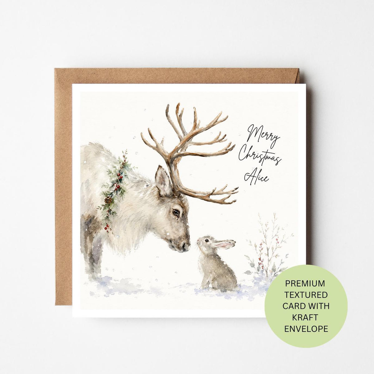 Personalised Reindeer Christmas Card, Rabbit Woodland Watercolour Greeting Card