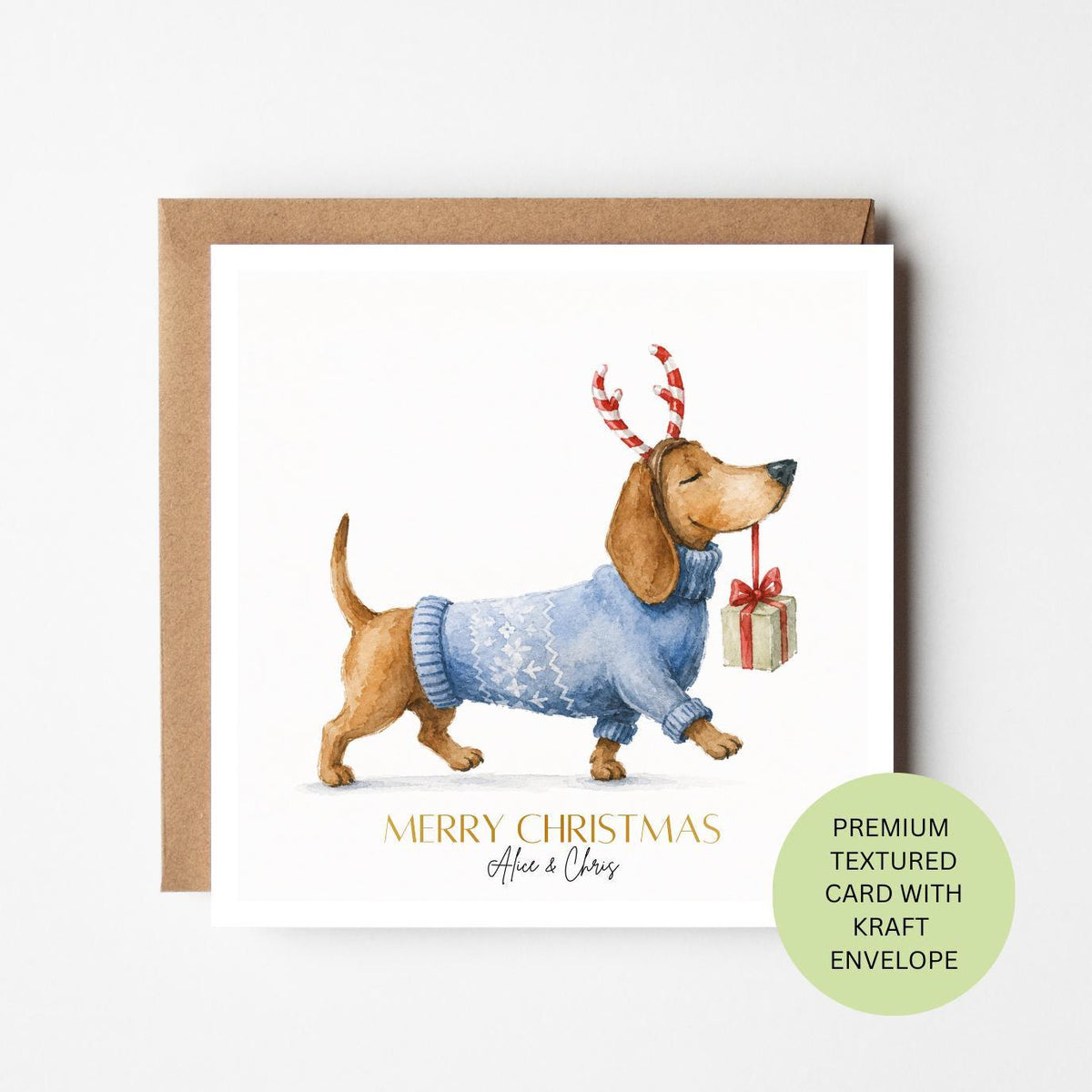 Personalised Dachshund Christmas Card, Blue Jumper Watercolour, Elegant Textured Sausage Dog Card