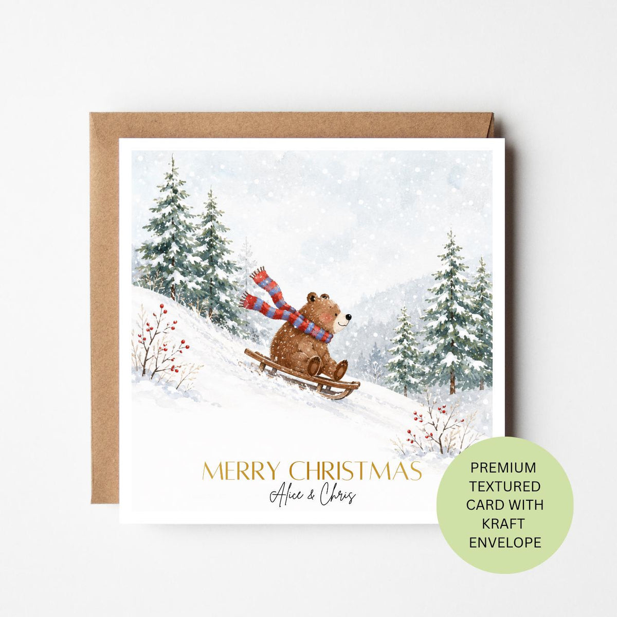 Personalised Sledding Bear Christmas Card, Watercolour Textured Woodland Xmas Greeting
