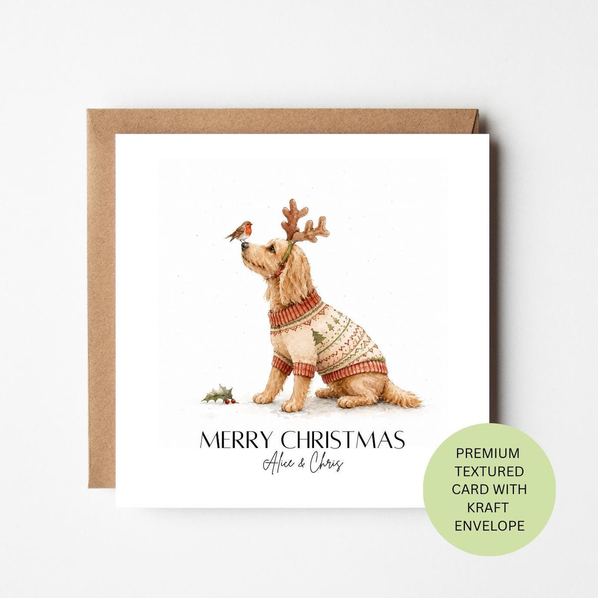Personalised Cockapoo Robin Christmas Card, Watercolour Textured Xmas Greeting (Kraft Envelope)