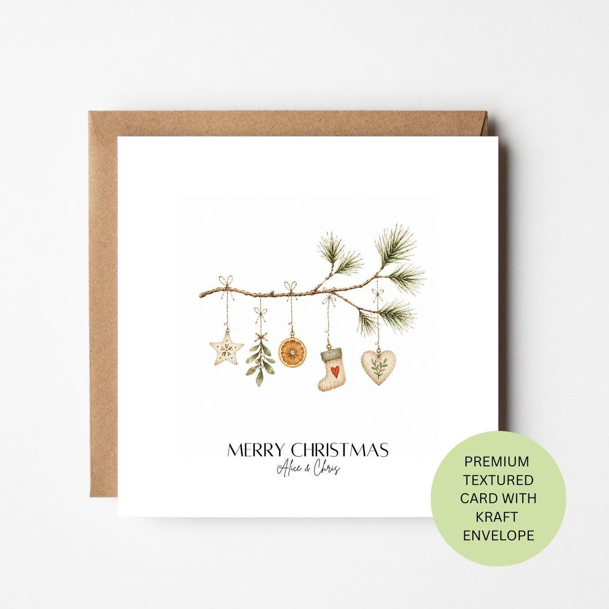 Personalised Watercolour Christmas Card, Rustic Branch Ornaments, Textured Kraft Envelope