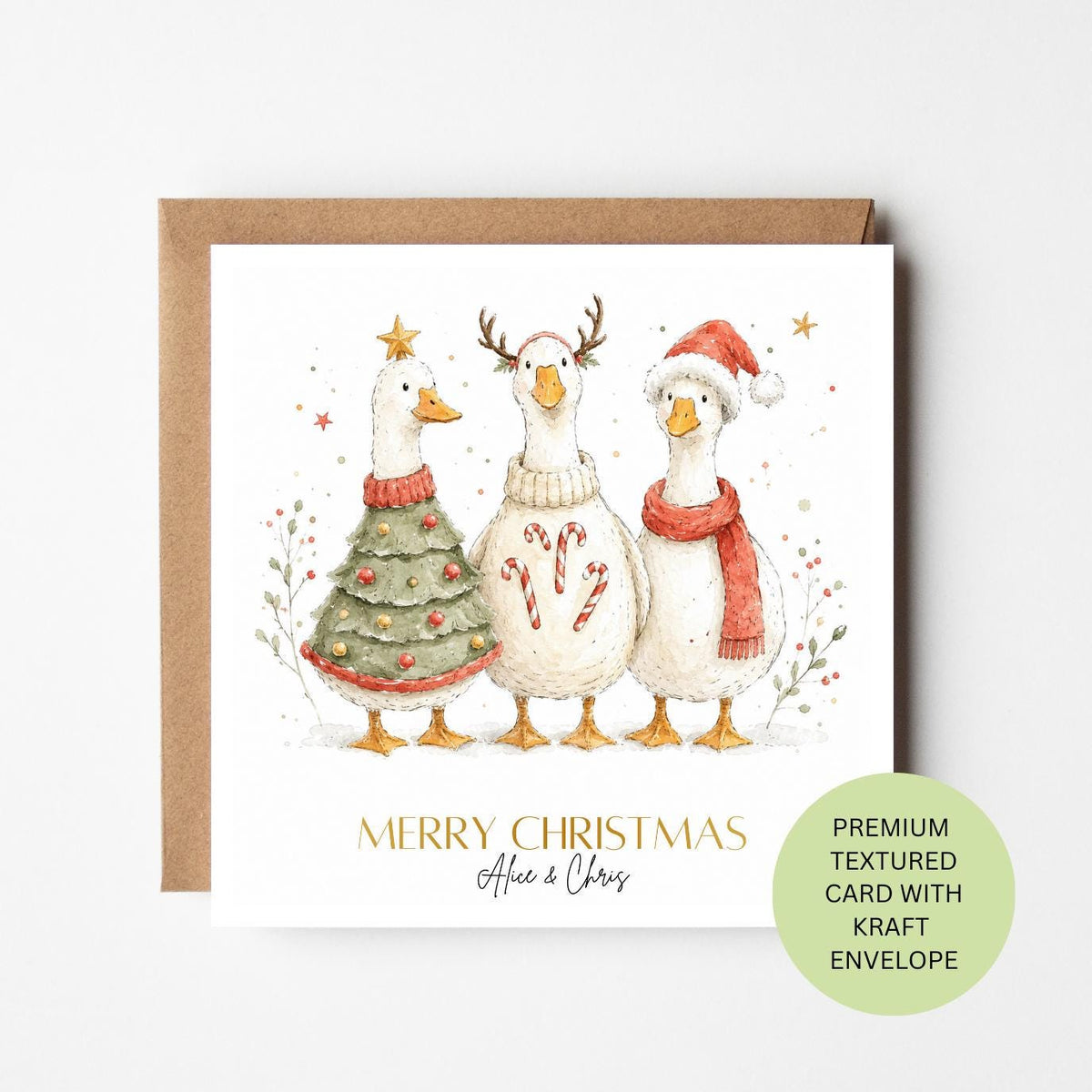 Personalised Watercolour Geese Christmas Card, Festive Couple Family Greeting, Textured Card