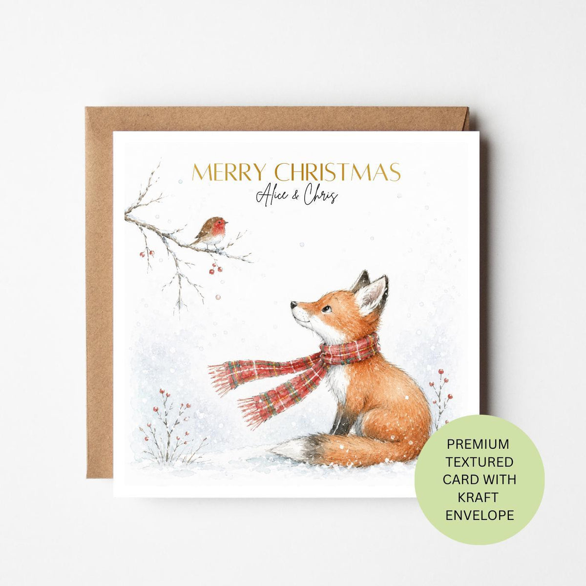 Personalised Fox Robin Christmas Card, Watercolour Textured Festive Greeting (Family Couple)