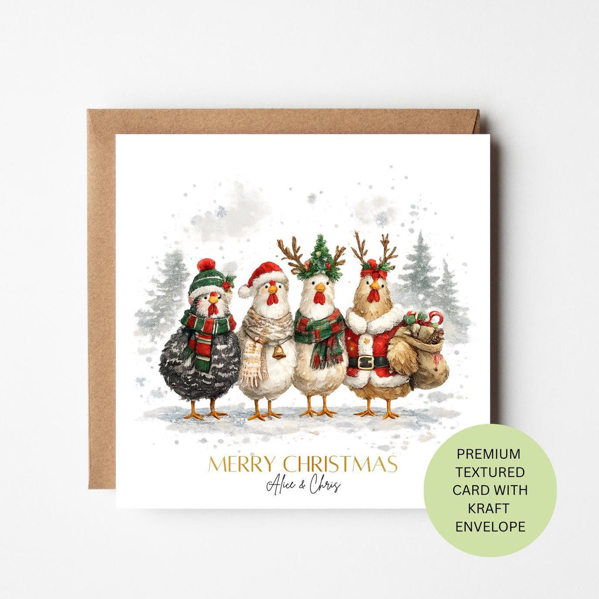 Personalised Christmas Card, Watercolour Chickens, Custom Family Xmas Greeting, Textured Card