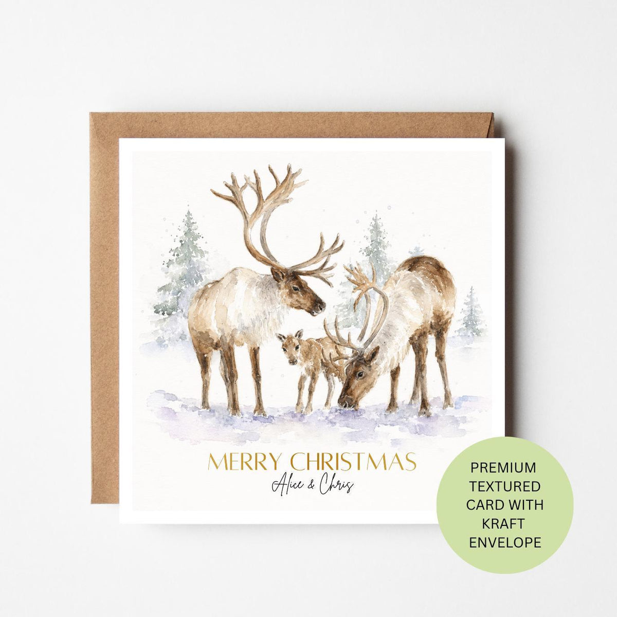 Personalised Reindeer Family Christmas Card, Elegant Watercolour Woodland Scene, Textured Kraft Envelope
