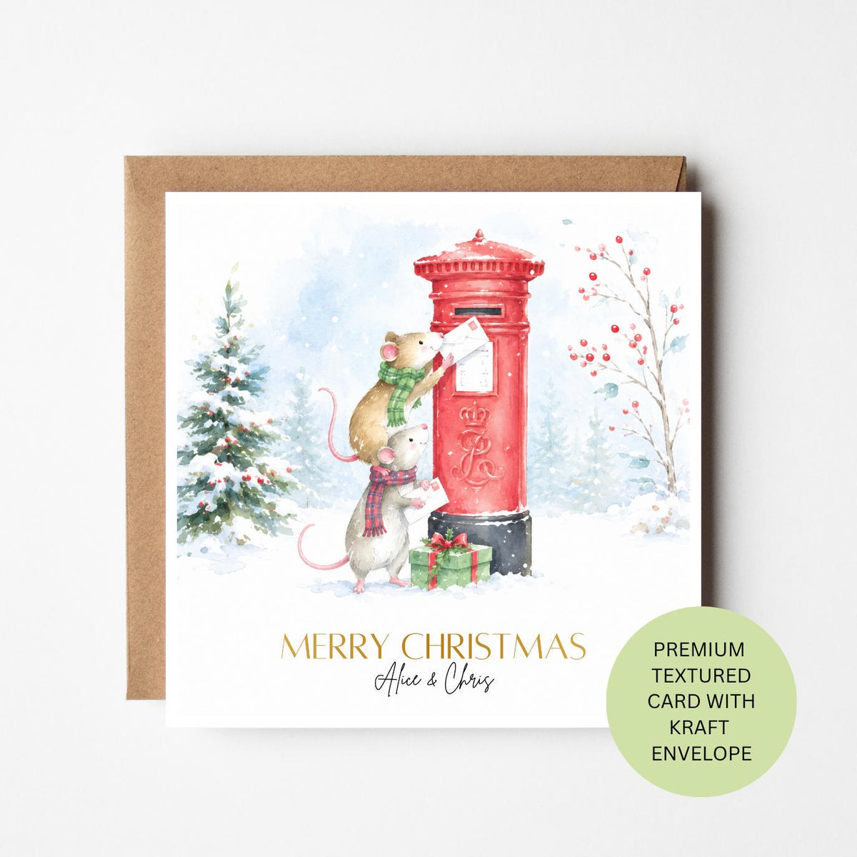 Personalised Christmas Mice Post Box Card, Watercolour Textured Xmas Greeting