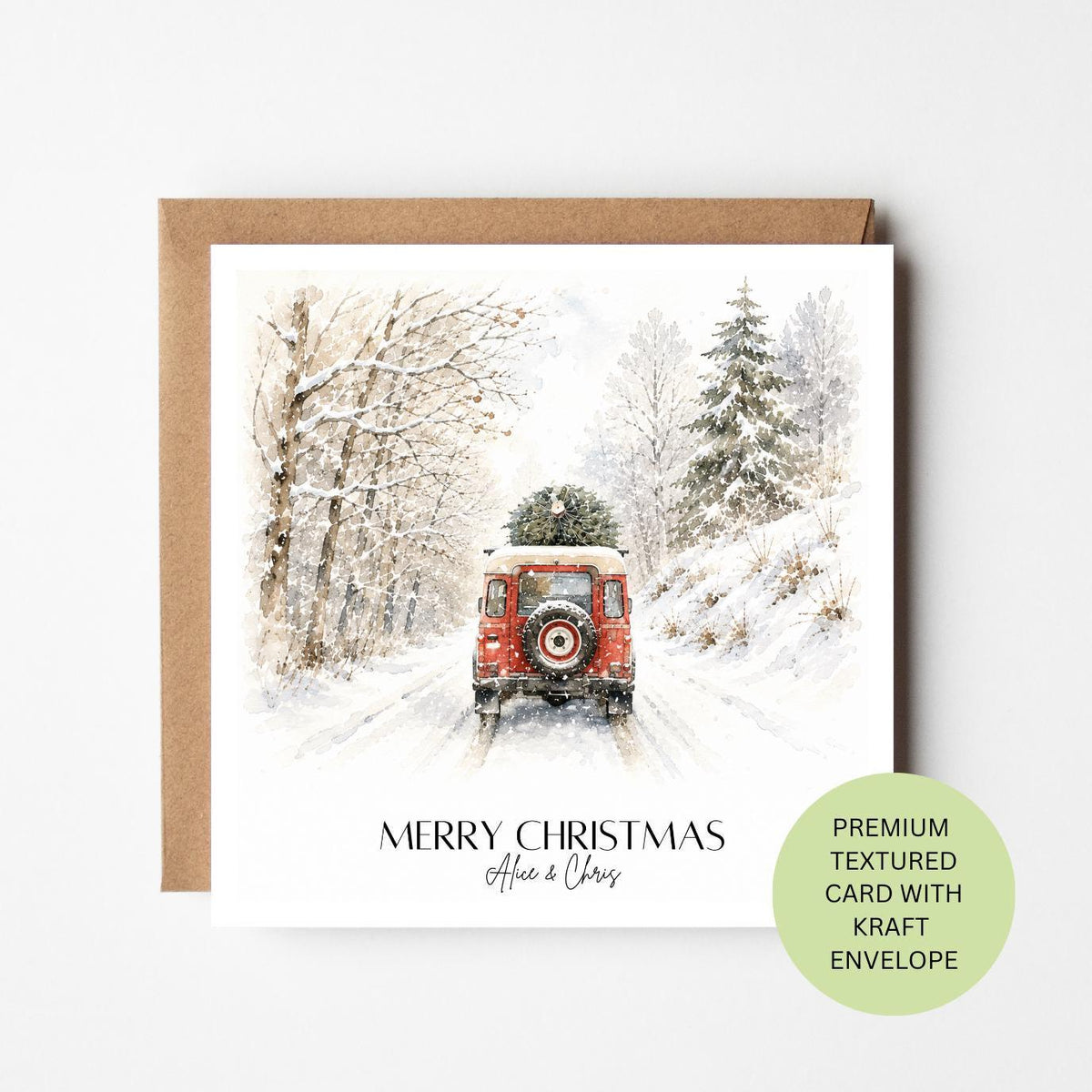 Personalised Watercolour Land Rover Christmas Card, Textured Kraft Envelope