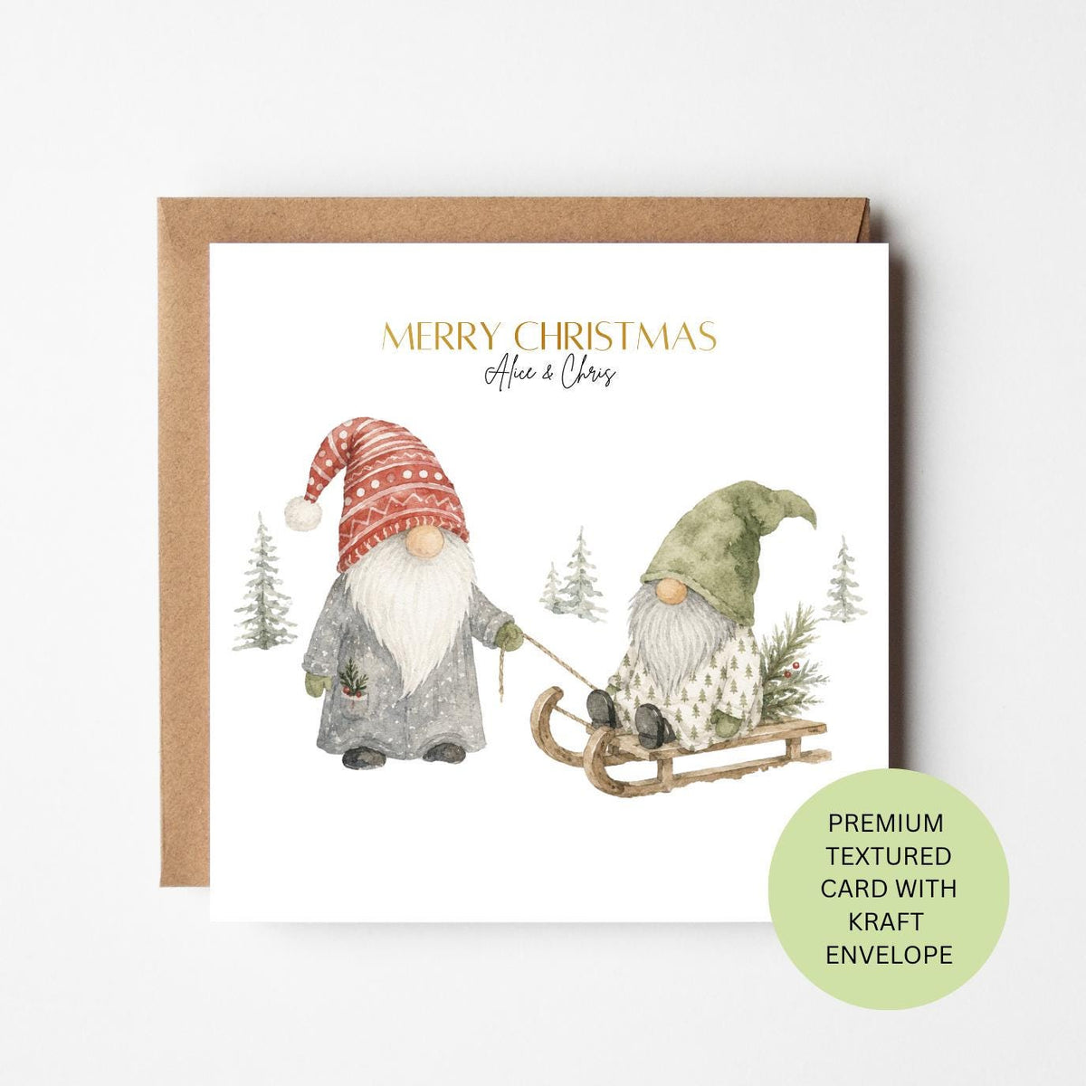 Personalised Christmas Gnome Card, Scandinavian Watercolour Sledge Design, Textured Kraft Envelope