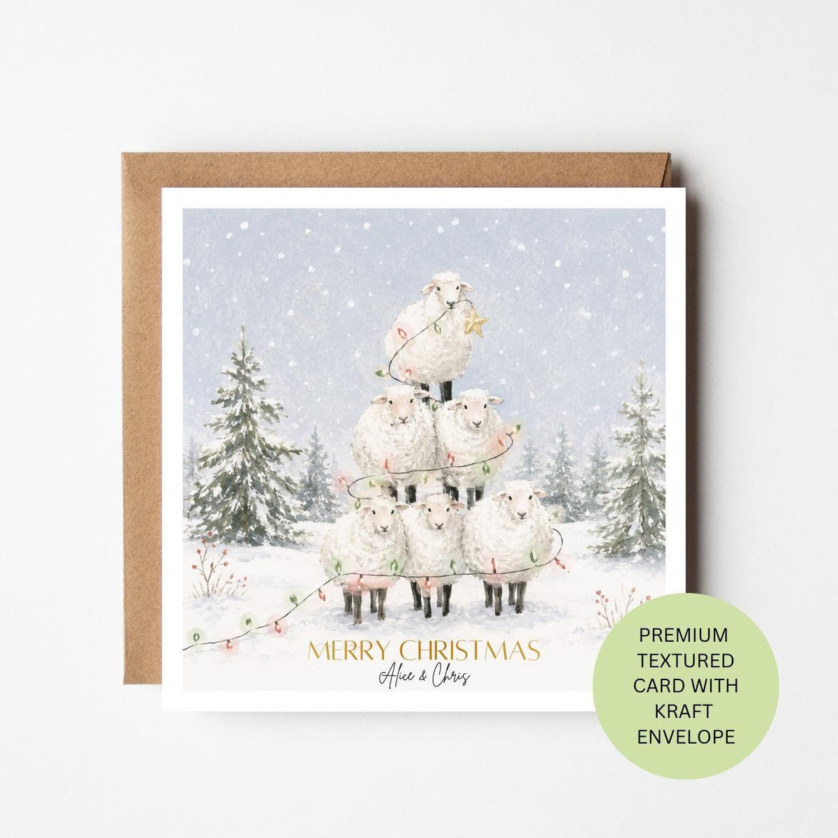 Personalised Christmas Sheep Card, Watercolour Textured Xmas Greeting, Family Couple Card