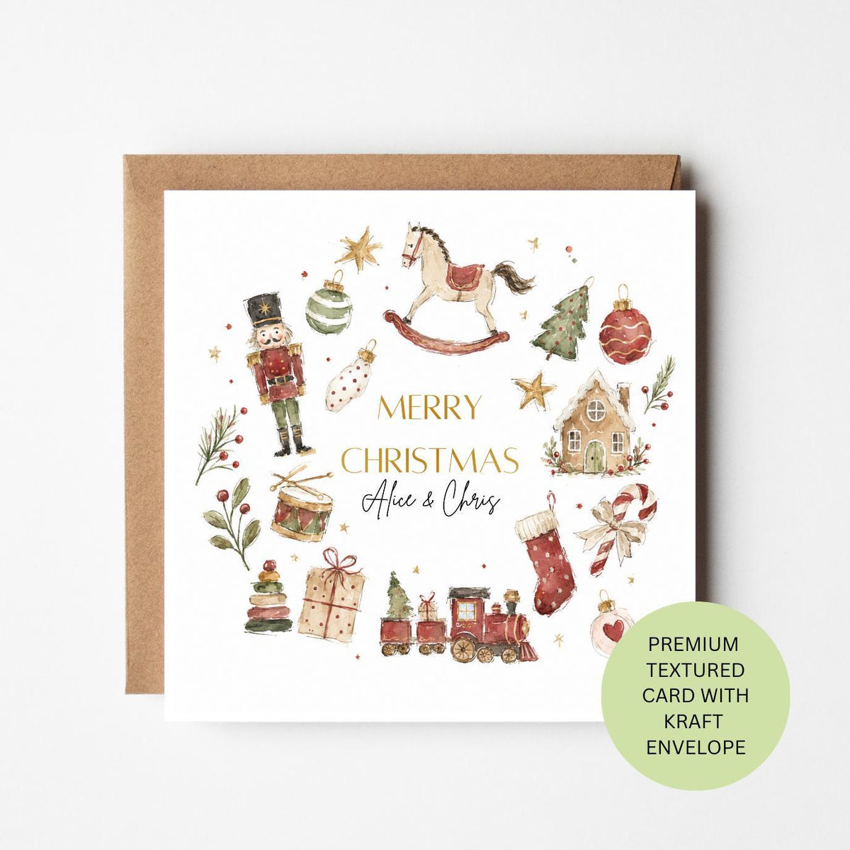 Personalised Watercolour Christmas Card, Traditional Icons, Textured Stock, Kraft Envelope
