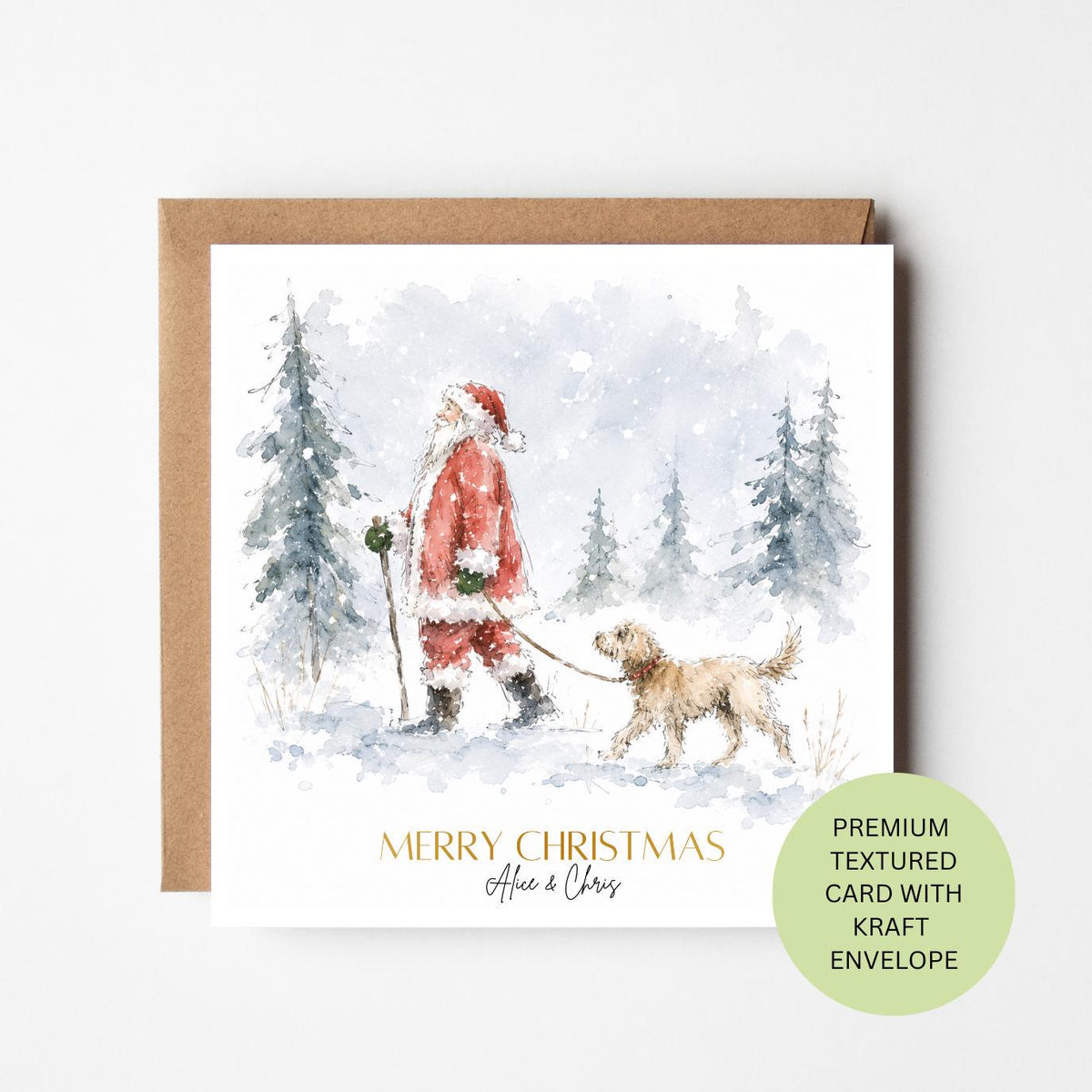 Personalised Santa Walking Dog Christmas Card, Watercolour Textured Xmas Greeting (Kraft Envelope)