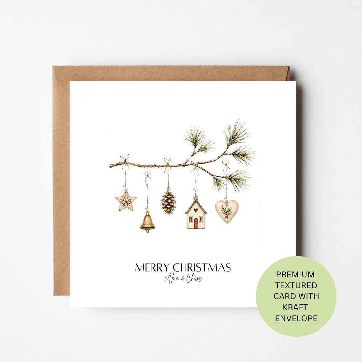 Personalised Watercolour Christmas Card, Rustic Ornaments, Custom Family Xmas Greeting