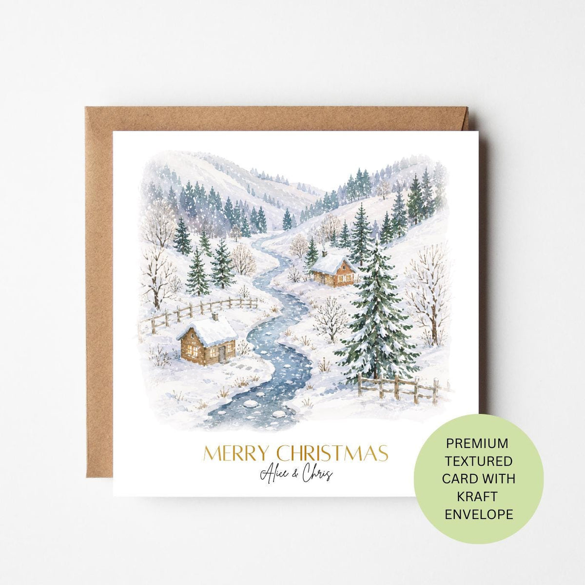 Personalised Snowy Mountain Cabin Christmas Card, Watercolour Textured Xmas Greeting