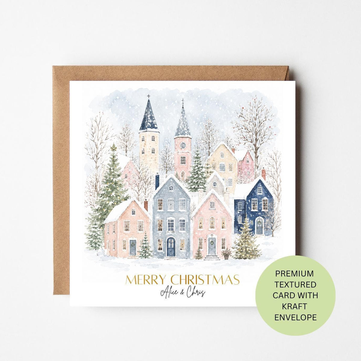 Personalised Watercolour Christmas Card, Snowy Pastel Village Scene, Custom Family Xmas Greeting