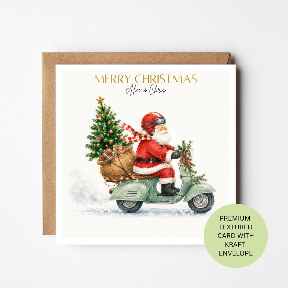 Personalised Santa Scooter Christmas Card, Watercolour Textured Festive Greeting (Kraft Envelope)