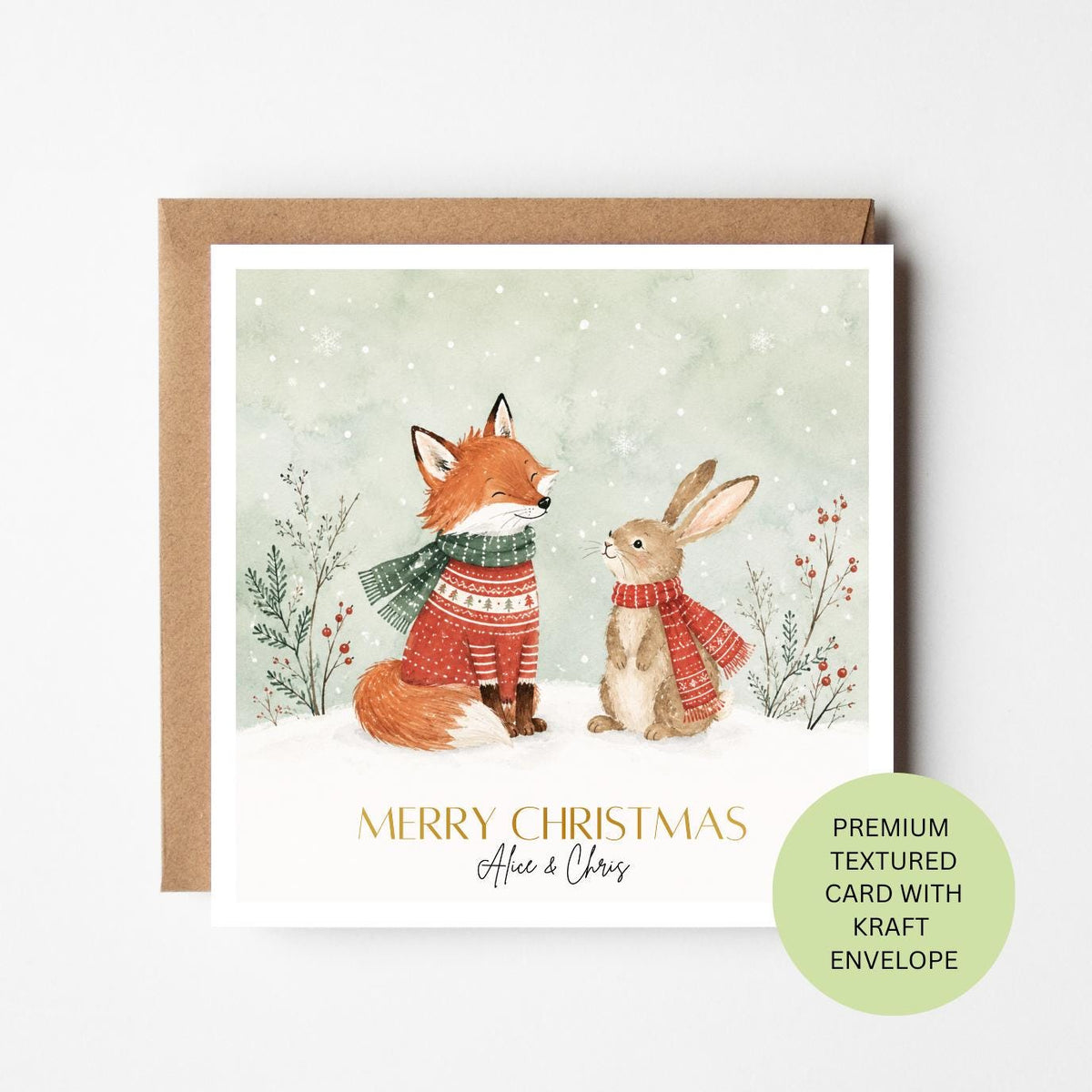 Personalised Fox Rabbit Christmas Card, Watercolour Woodland Animals, Custom Couple Xmas Greeting