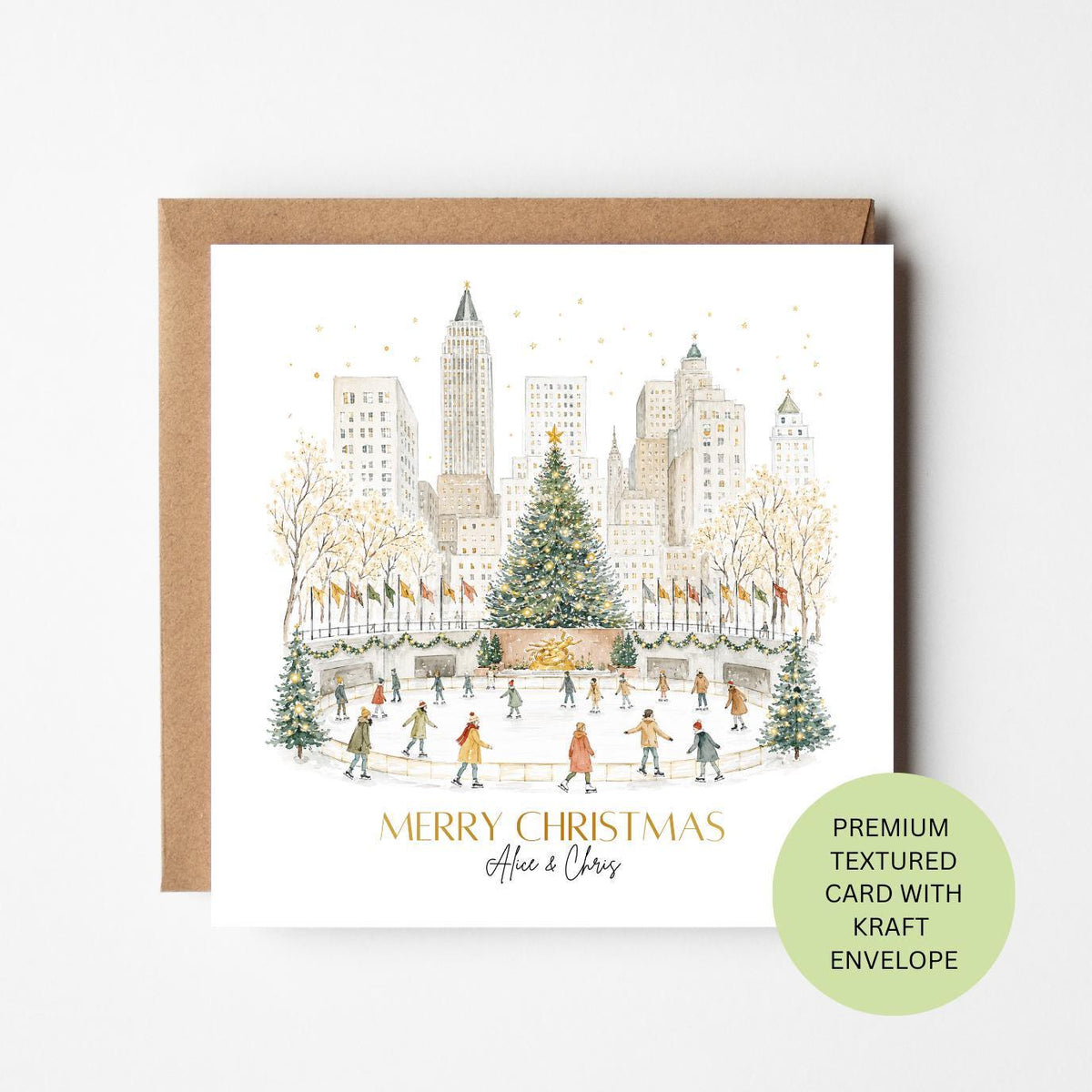 Personalised Rockefeller Ice Skating Christmas Card, Watercolour Textured Xmas Greeting