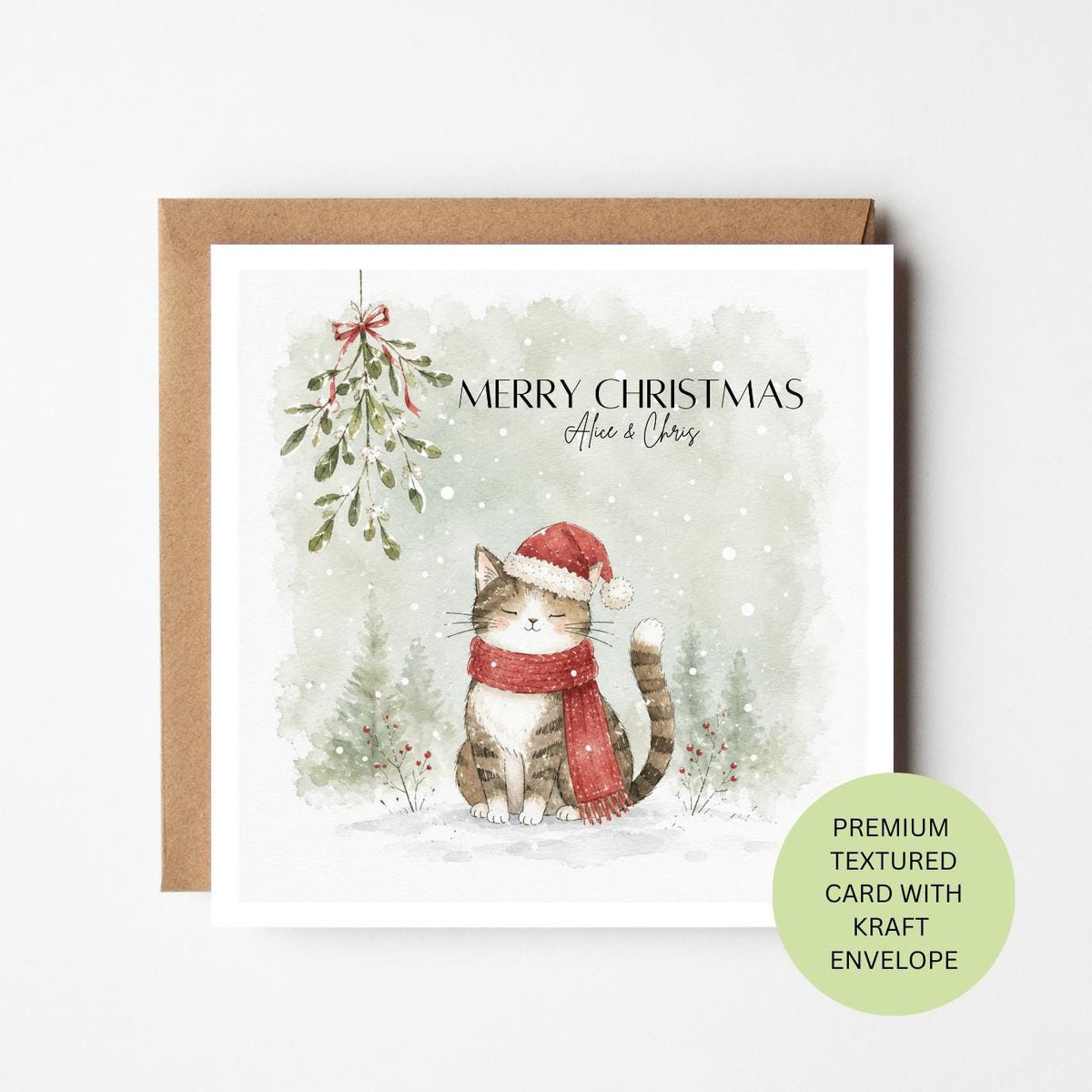 Personalised Christmas Cat Card, Watercolour Tabby Kitten, Custom Family Xmas Greeting (150x150mm)
