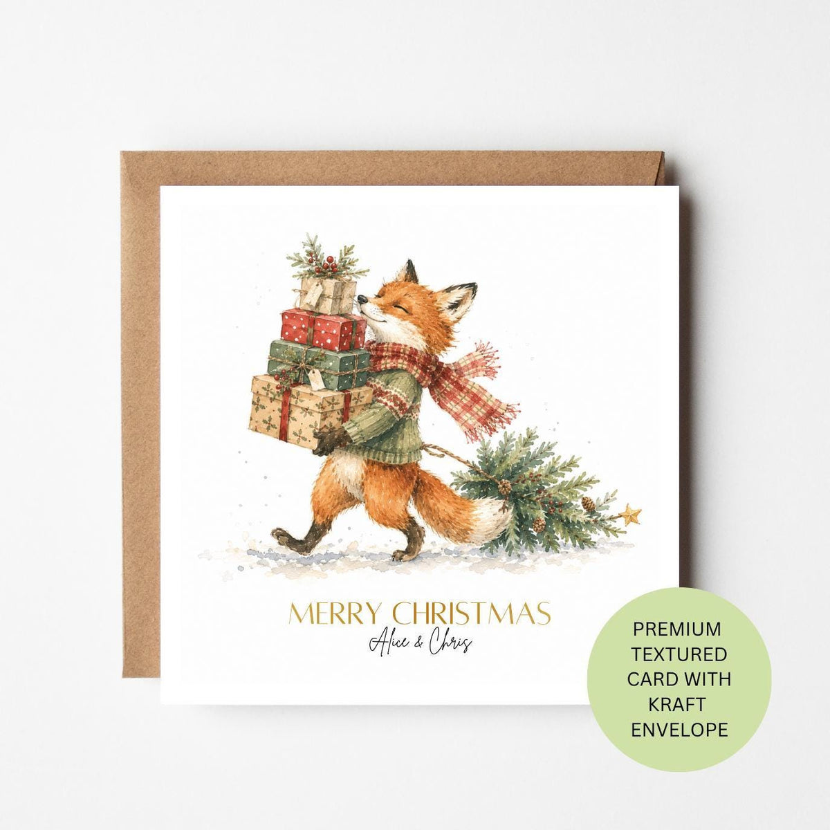 Personalised Watercolour Fox Christmas Card, Textured Festive Greeting, Kraft Envelope