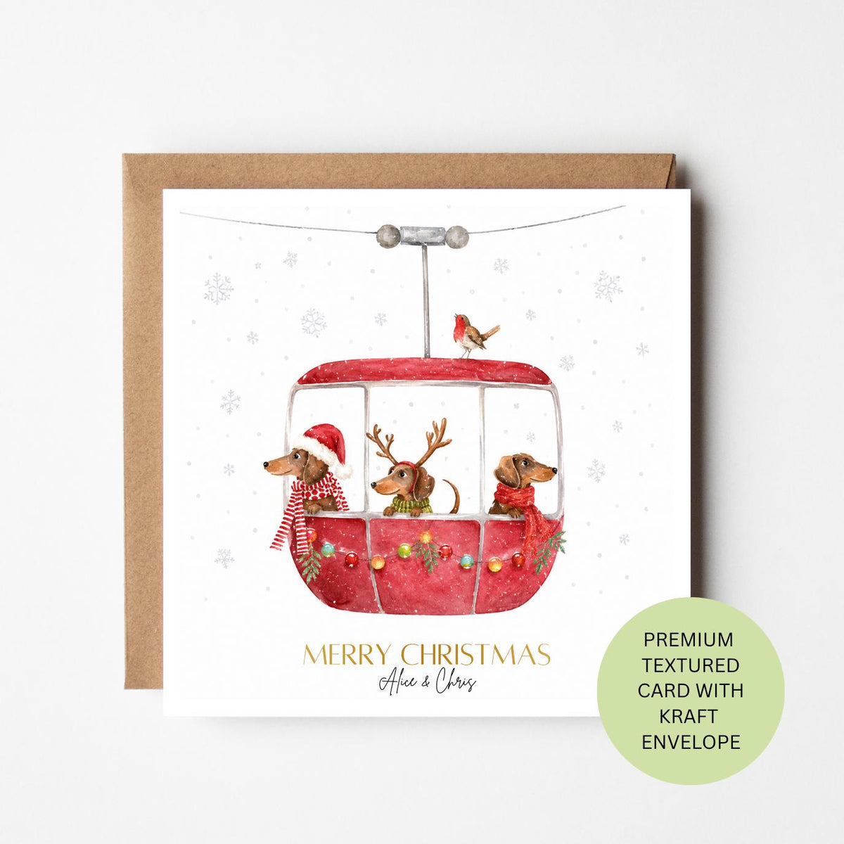 Personalised Dachshunds Cable Car Christmas Card, Watercolour Textured Xmas Greeting