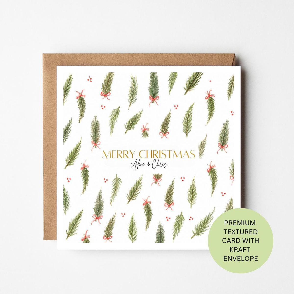 Personalised Watercolour Pine Sprig Christmas Card, Textured Kraft Envelope