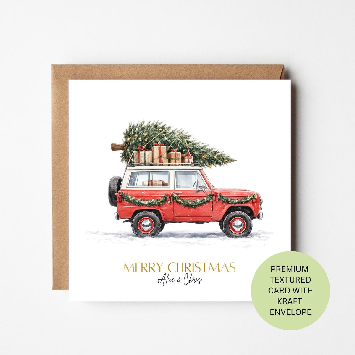 Personalised Christmas Card, Watercolour Vintage 4x4 Truck, Custom Family Xmas Greeting (150x150mm)