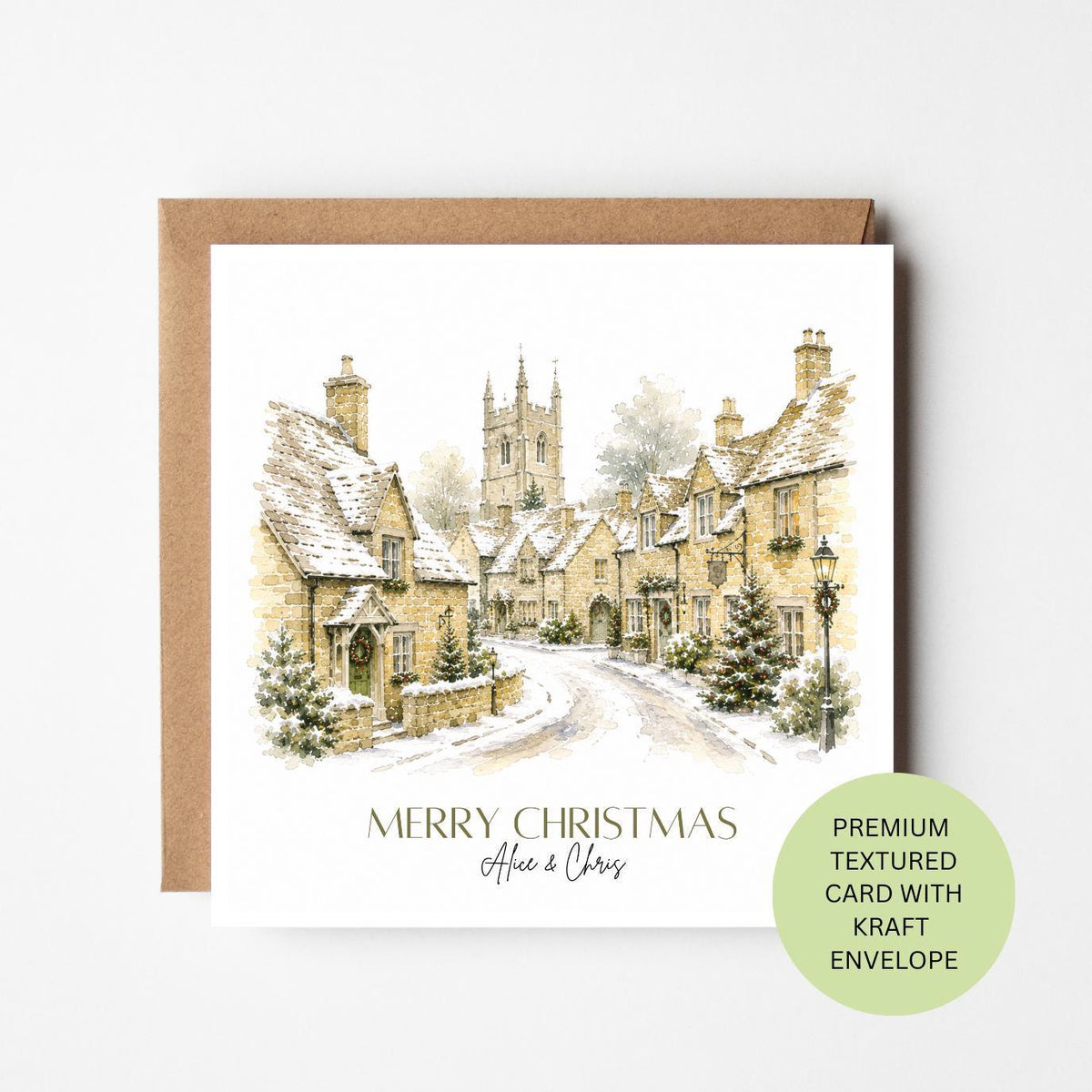 Personalised Cotswold Snowy Village Watercolour Christmas Card, Elegant Textured (Kraft Envelope)