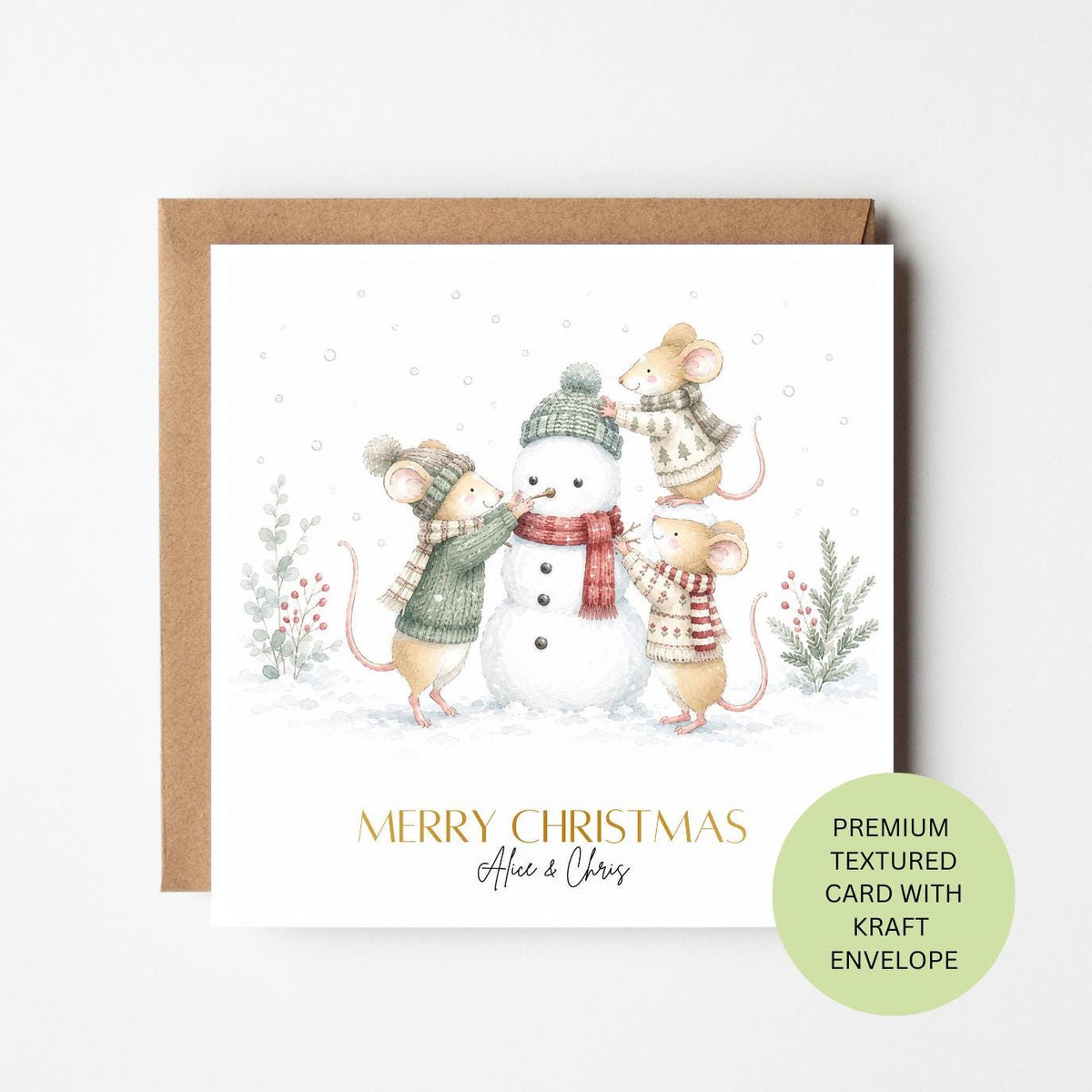 Personalised Watercolour Mice Snowman Christmas Card, Textured Kraft Envelope