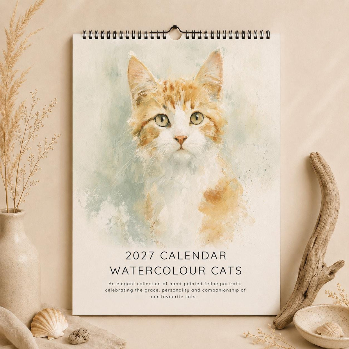 2027 Cat Calendar, Watercolour Feline Wall Planner | A4 | Wire Bound, Sunday Start Grids