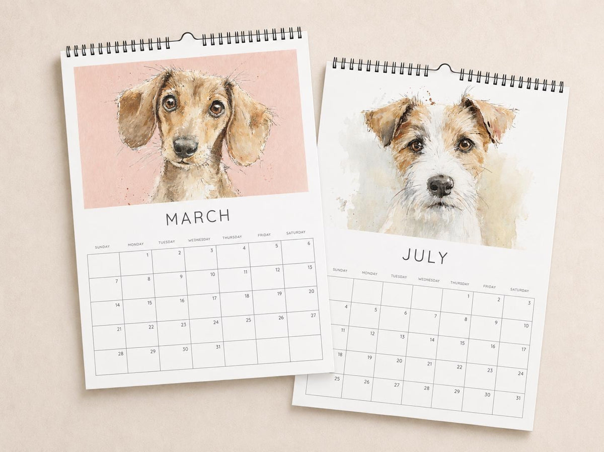 2027 Watercolour Dog Wall Calendar – 12-Month Puppy Planner (A4)