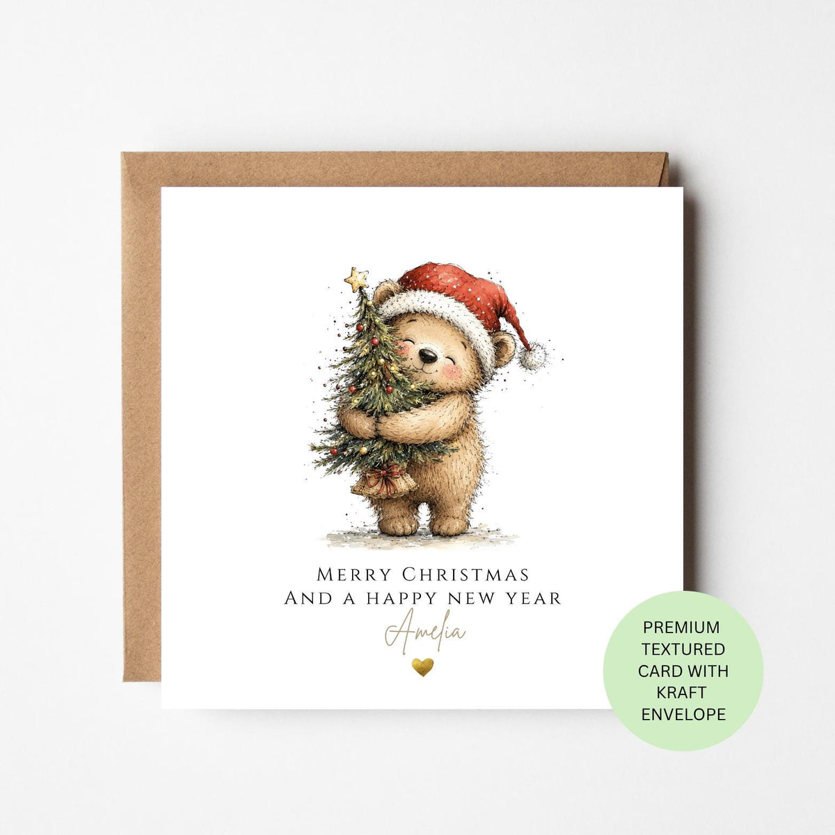Personalised Bear Hugging a Christmas Tree Card for Children