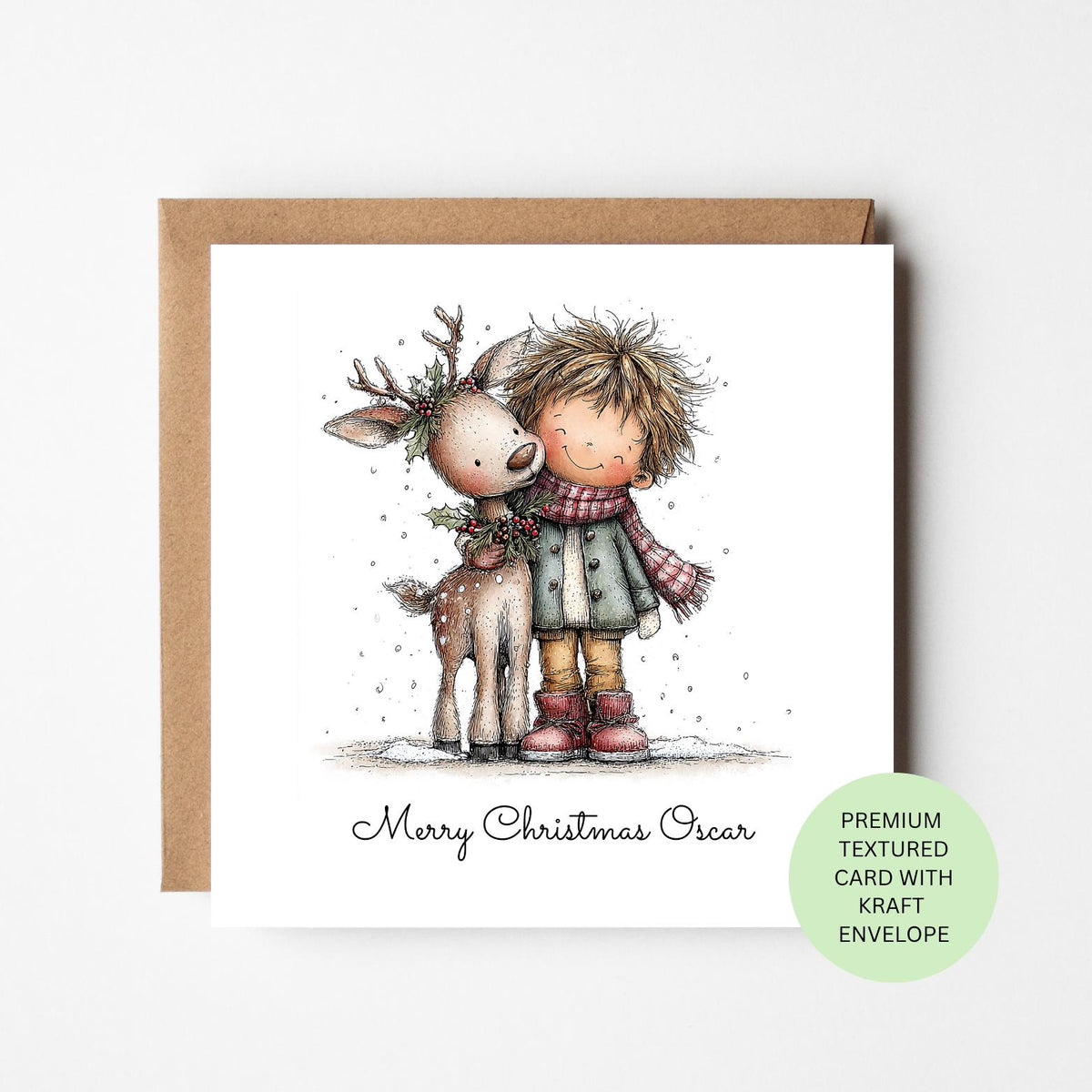 Personalised Boy Cuddling a Christmas Fawn Card