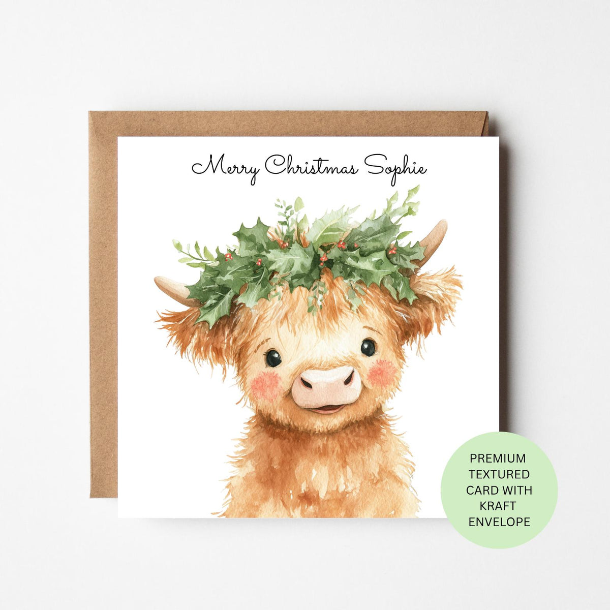 Personalised Highland Cow with a Holly Crown Christmas Card for Children