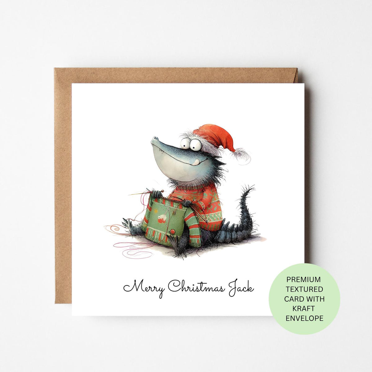 Personalised Wolf Knitting a Christmas Jumper Card