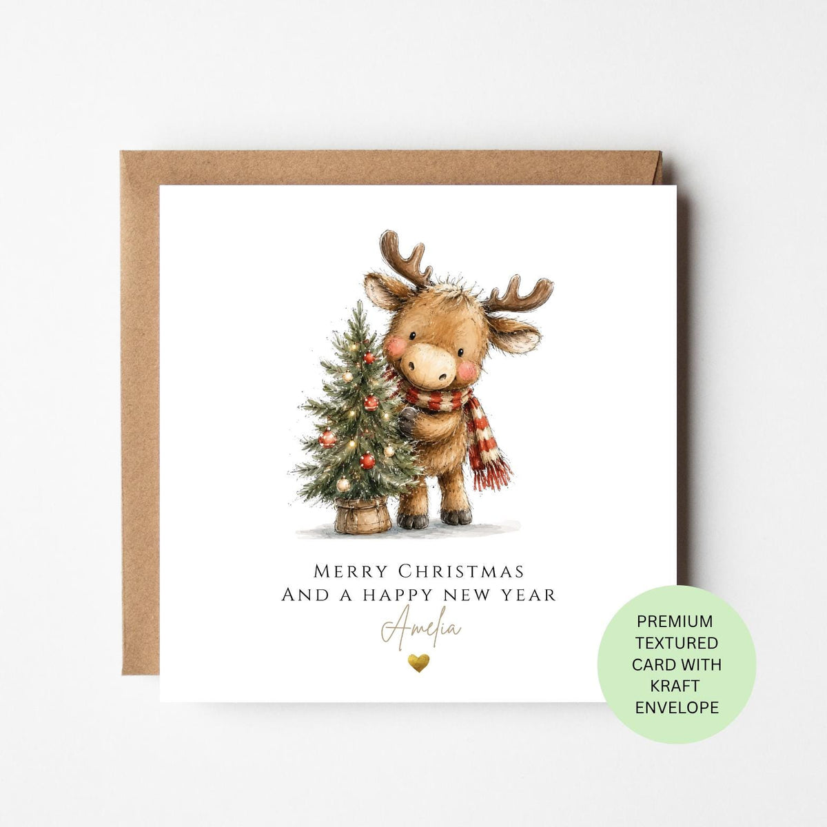 Personalised Moose Hugging a Christmas Tree Card for Children