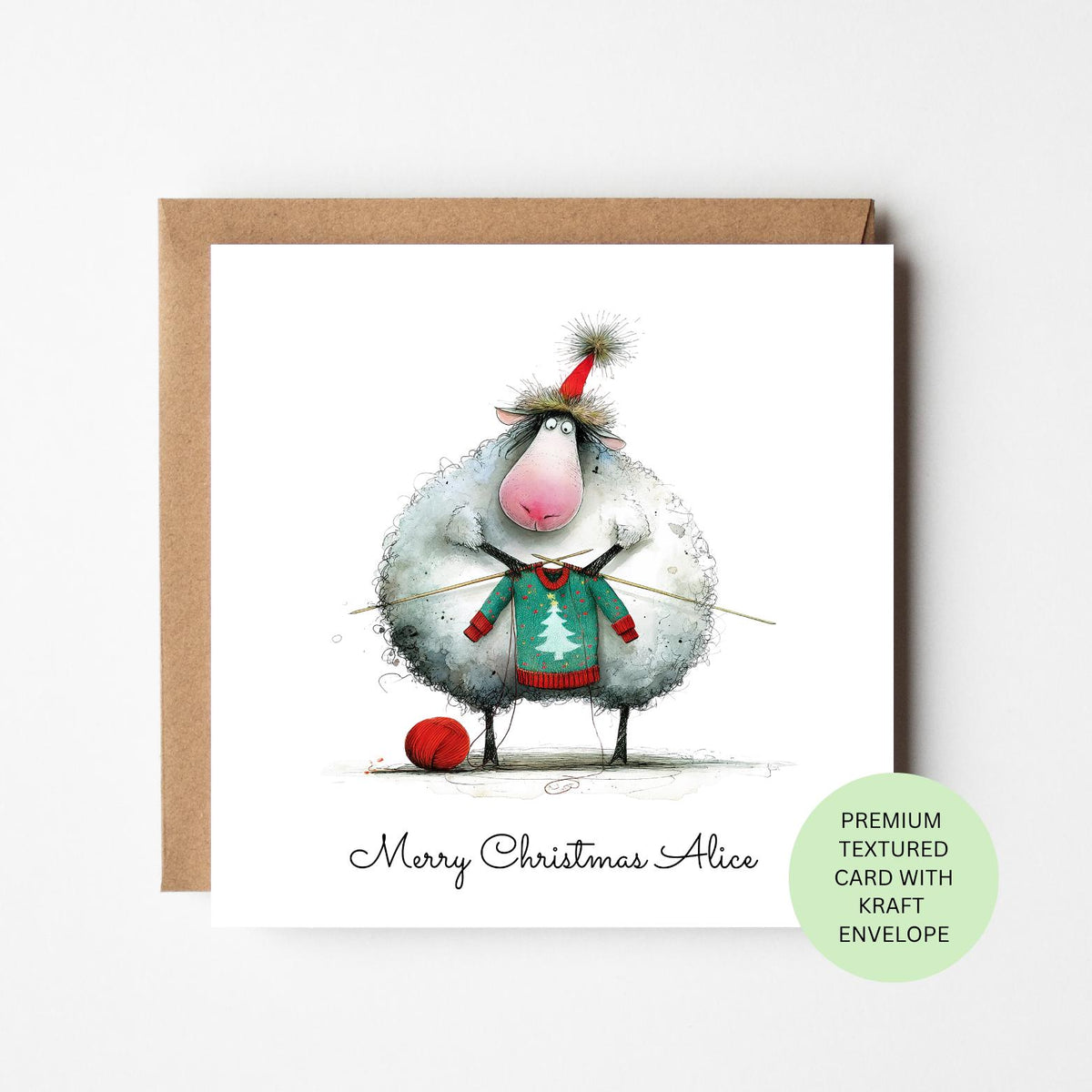 Personalised Sheep Knitting a Christmas Jumper Card