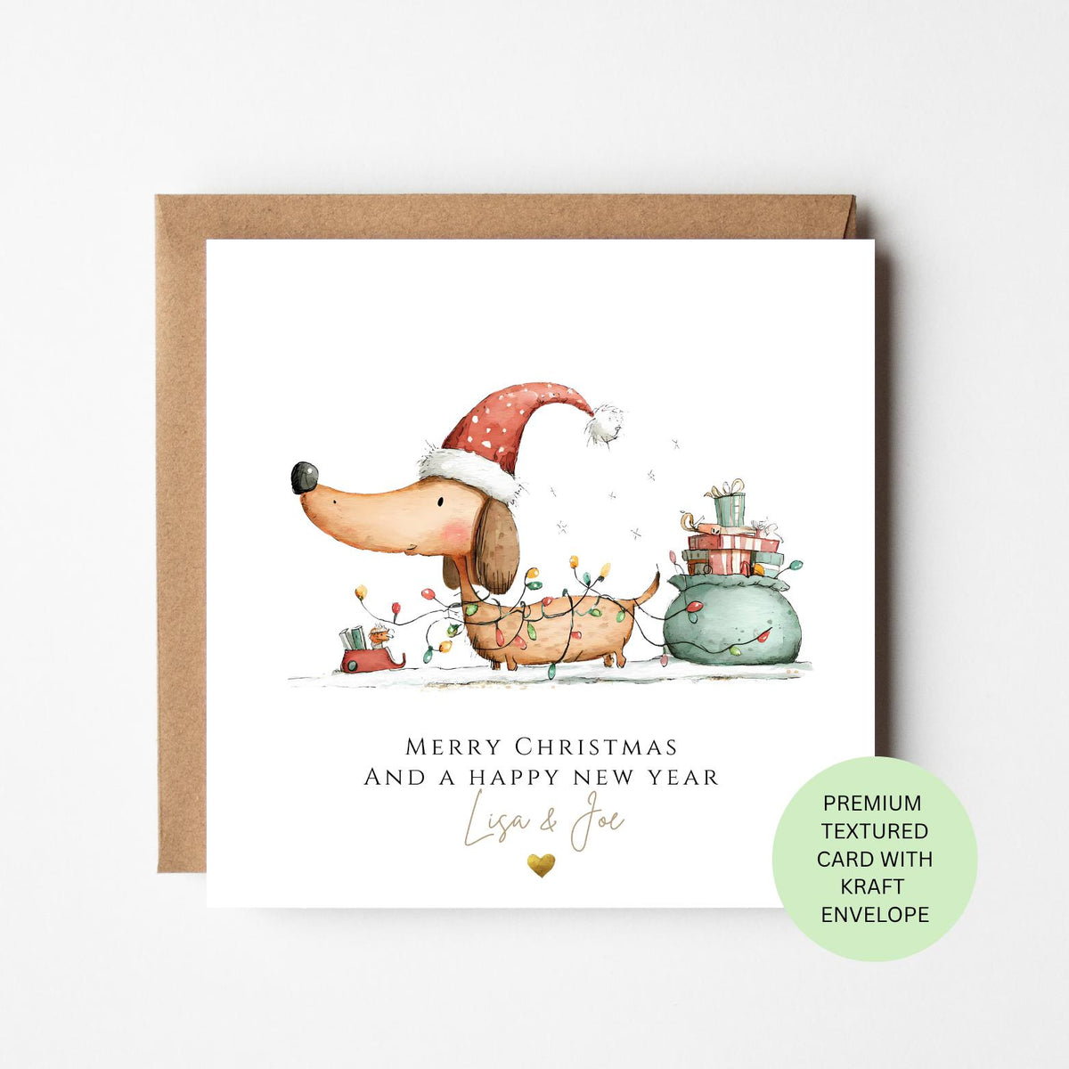 Personalised Long Dachshund Pulling Christmas Presents Card