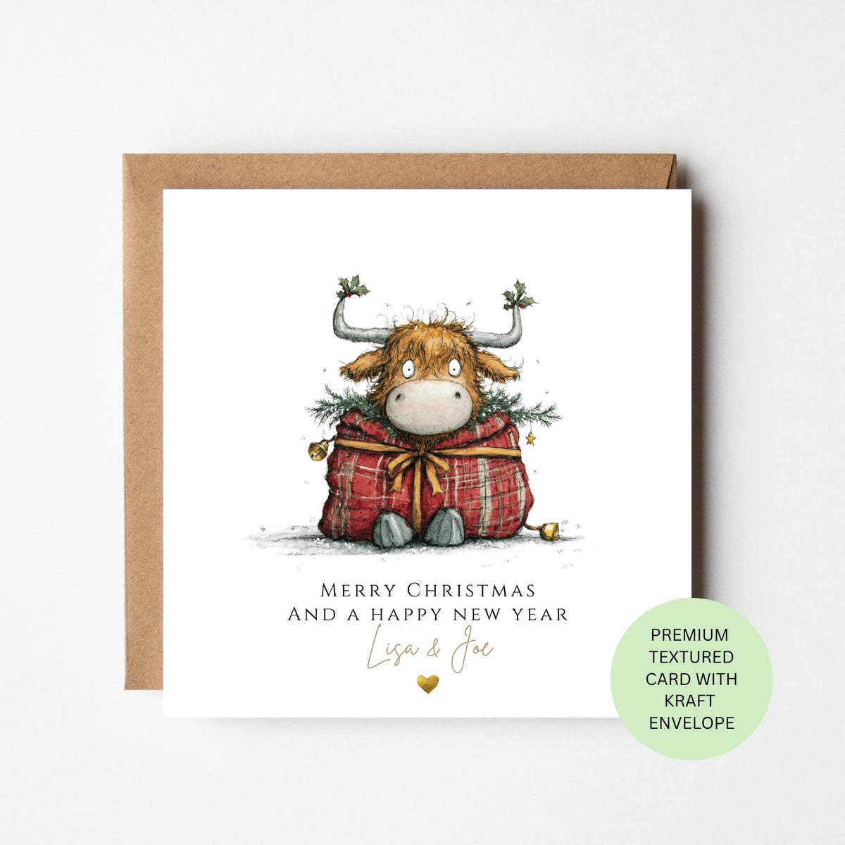 Personalised Highland Cow Wrapped in a Tartan Scarf Christmas Card