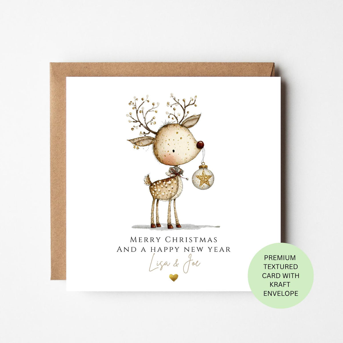 Personalised Reindeer with a Golden Christmas Bauble Card