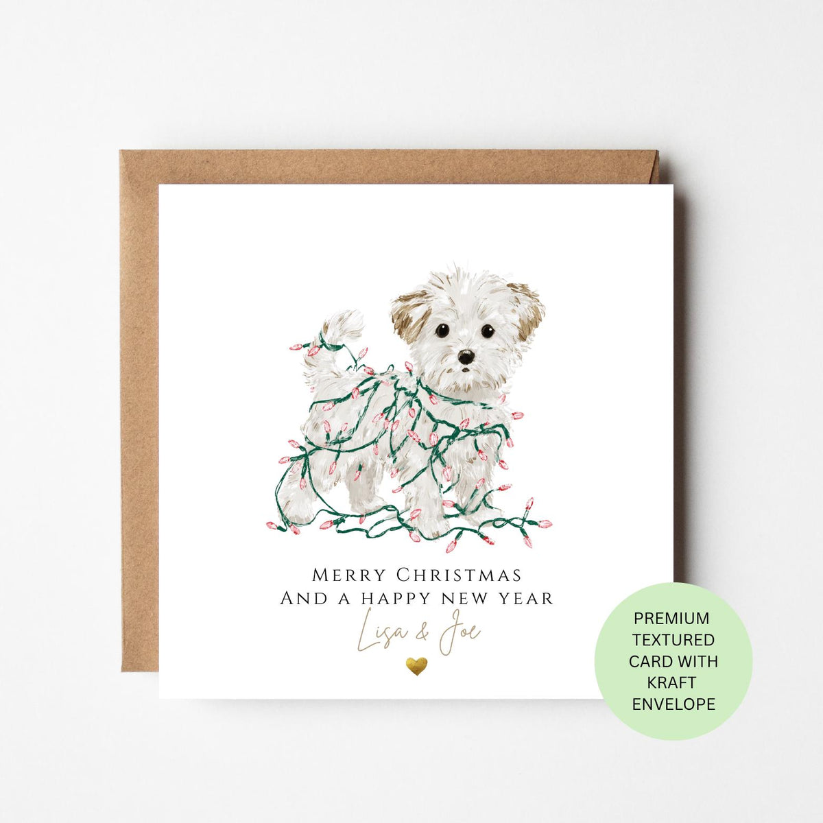 Personalised White Terrier Wrapped in Christmas Lights Card