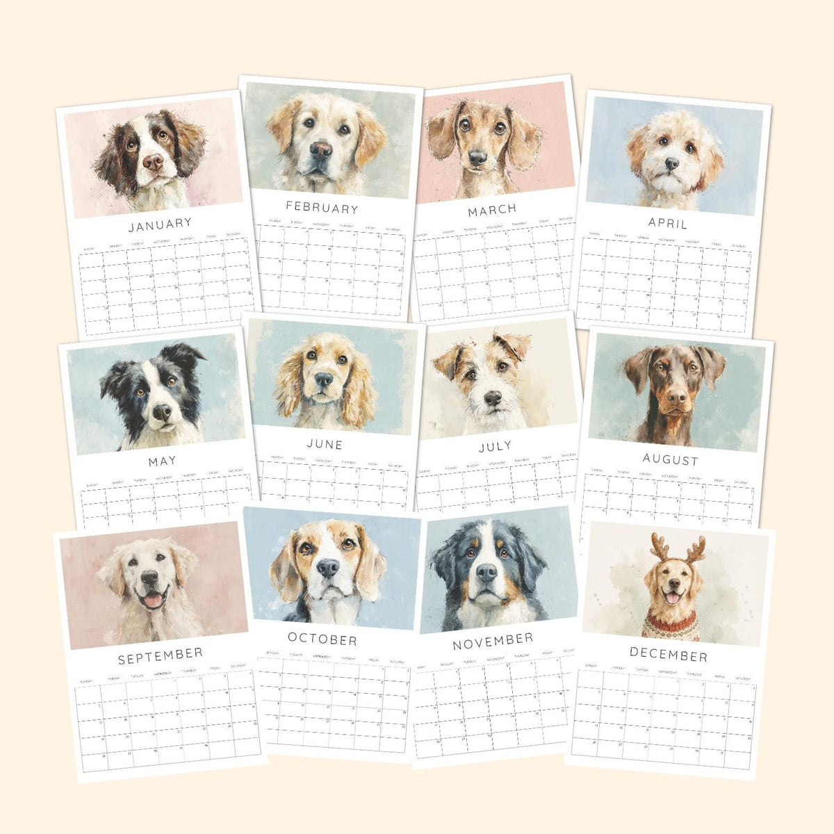 2027 Watercolour Dog Wall Calendar – 12-Month Puppy Planner (A4)
